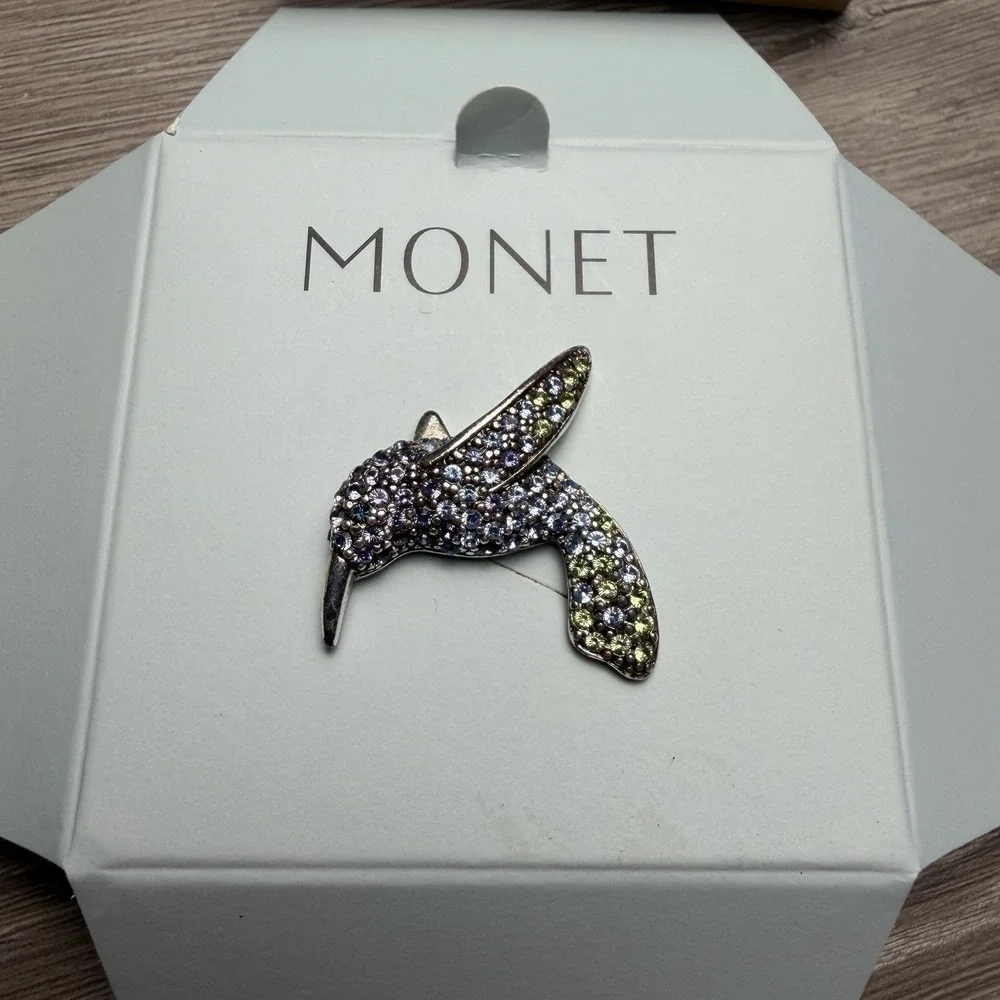 Vintage Signed Monet Purple Green Rhinestone Hummingbird Brooch Gold Tone New